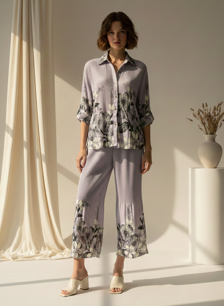 Printed Crepe Shirt & Trouser - Grey