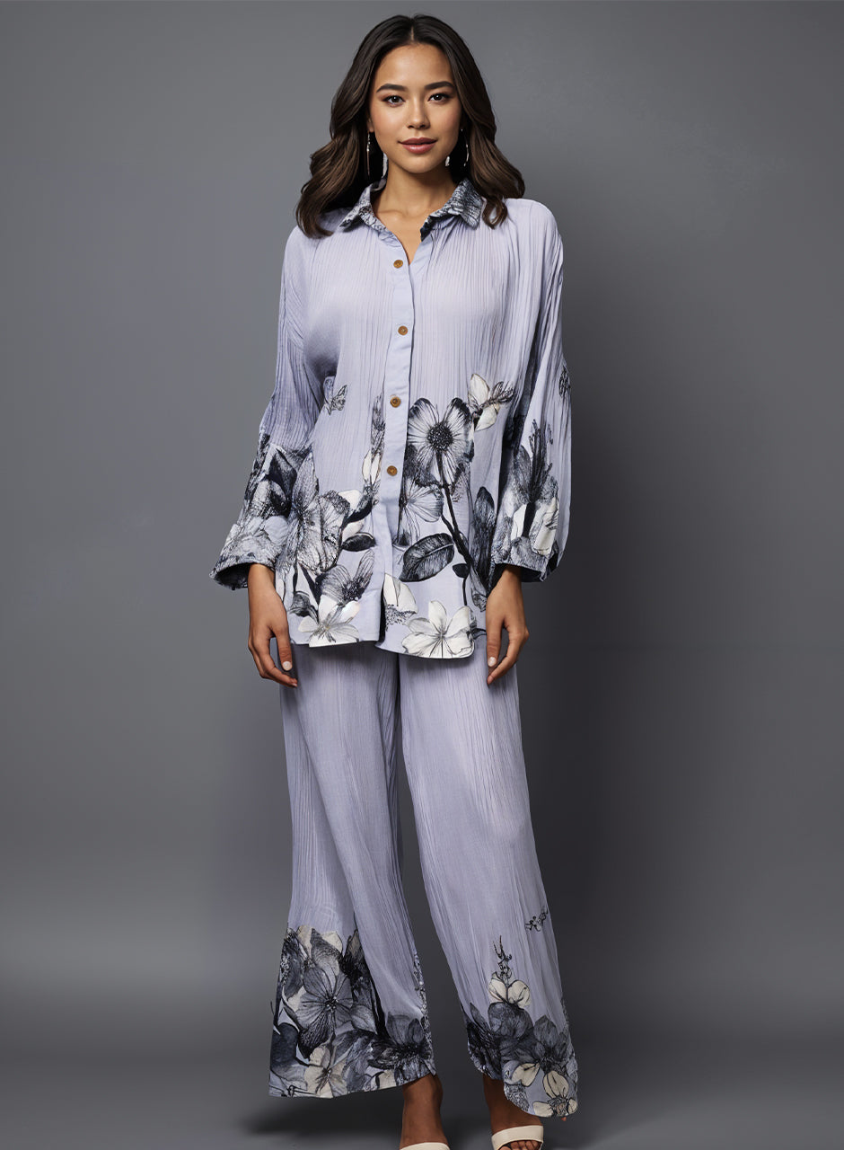 Printed Crepe Shirt & Trouser - Grey