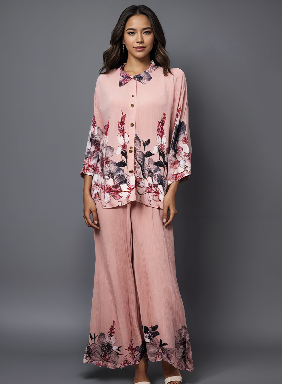 Printed Crepe Shirt & Trouser - Pink