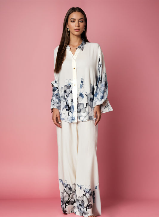 Printed Crepe Shirt & Trouser - White