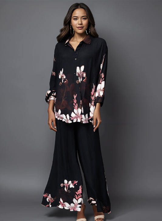 Printed Crepe Shirt & Trouser - Black