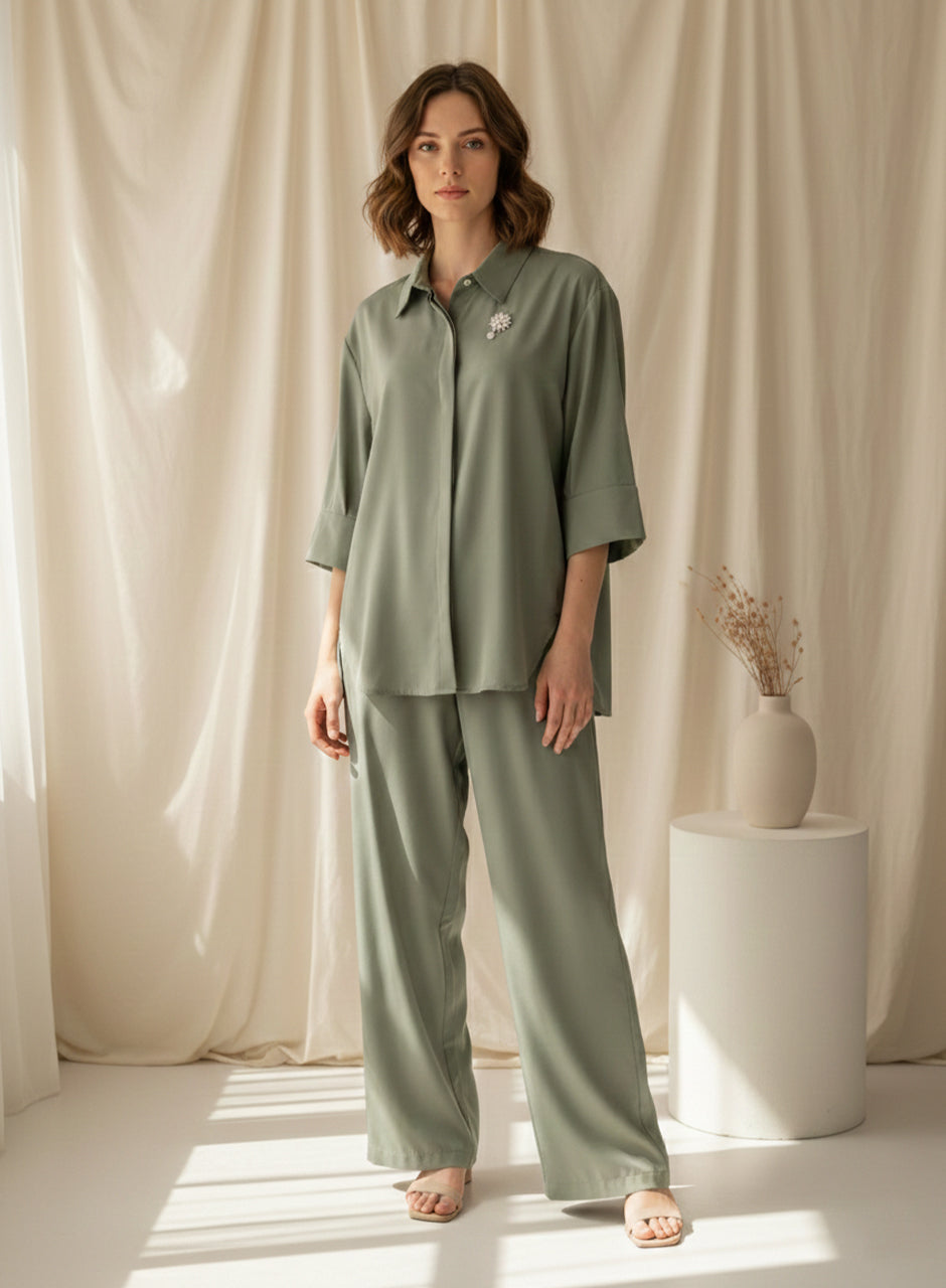 Blended (Rayon & Polyester) Shirt & Trouser - Green