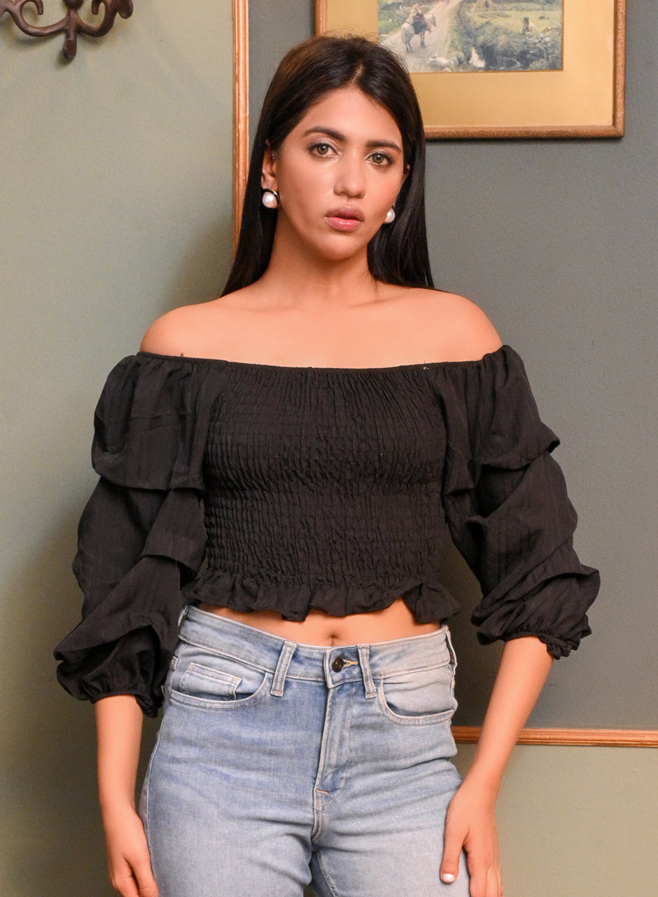 Black Off-shoulder Pleated Crop top