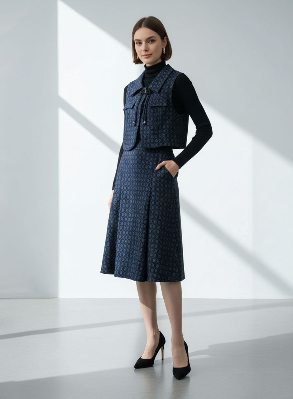 Monogram Three-piece Top, Inner & Skirt Set - Navy