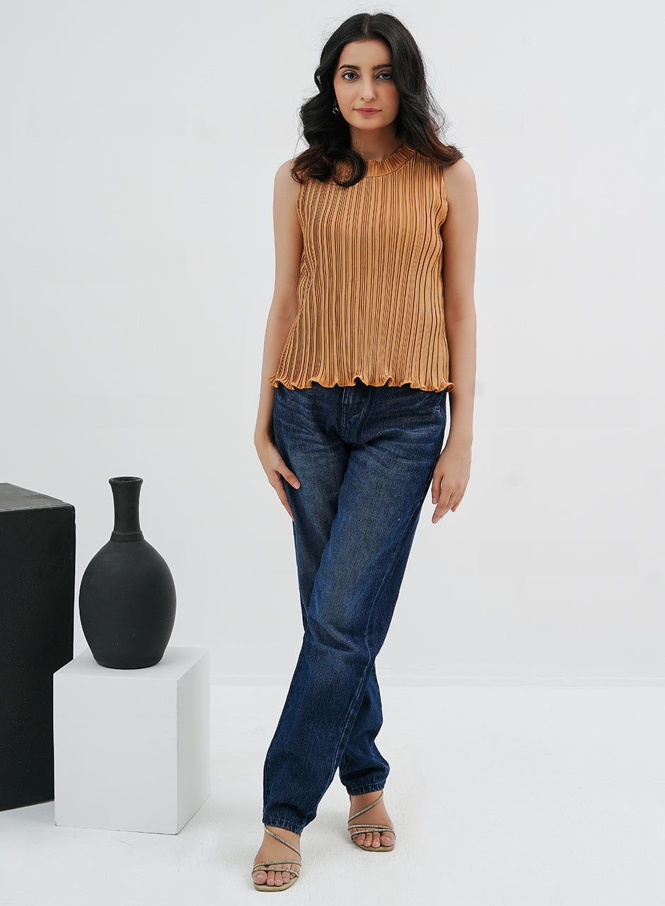 Pleated top with funnel neck - Brown