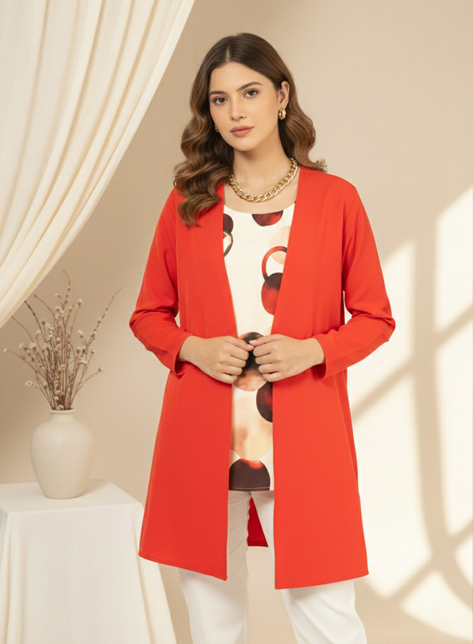 Red Cardigan With Printed Inner Top