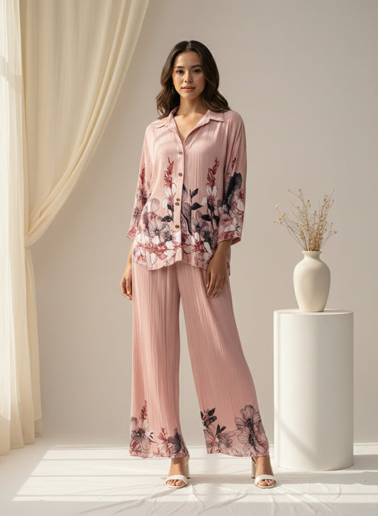 Printed Crepe Shirt & Trouser - Pink