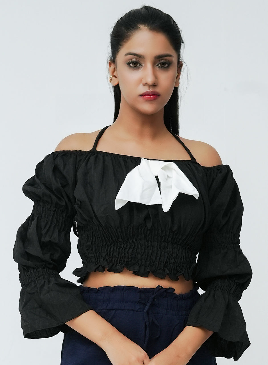 Pleated Bow Top- Black