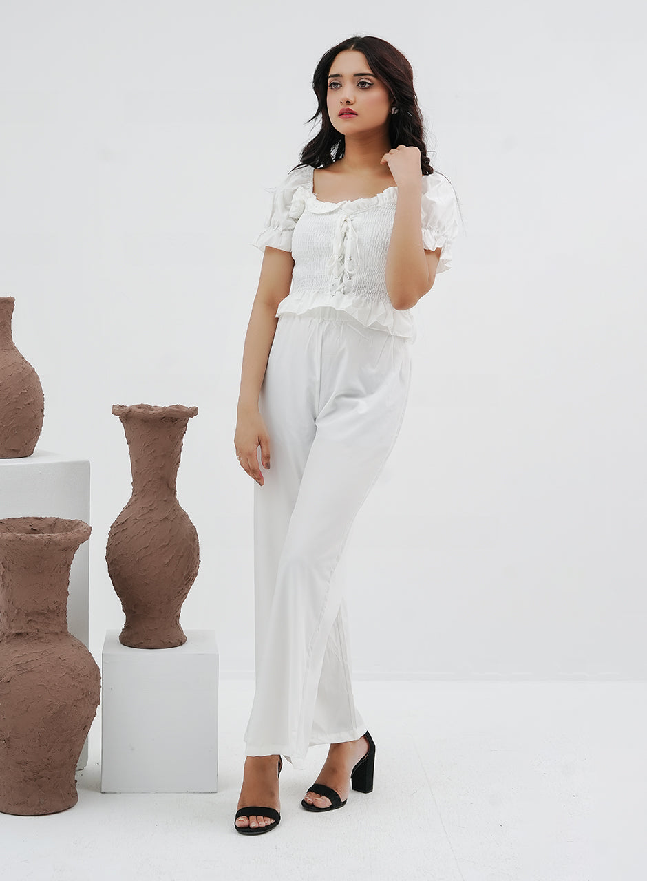 Pleated Crop Top & Pants Set - Pearl White