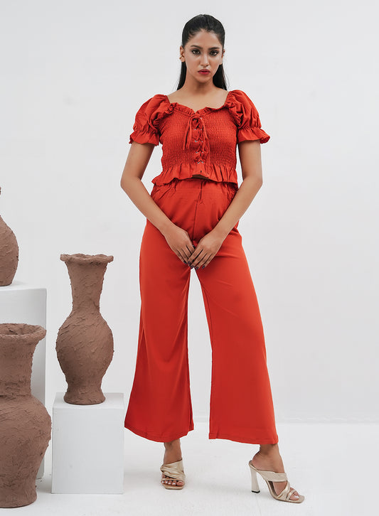 Pleated Crop Top & Pants Set - Rust