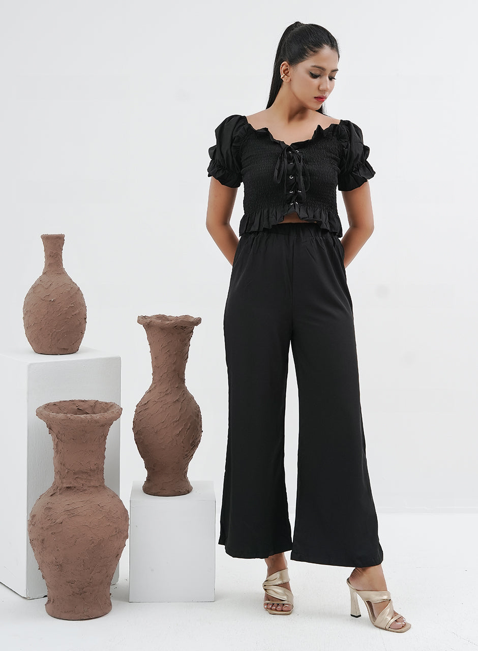 Pleated Crop Top & Pants Set - Black