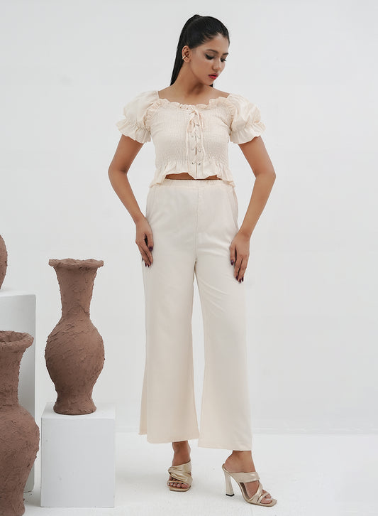 Pleated Crop Top & Pants Set - Off White