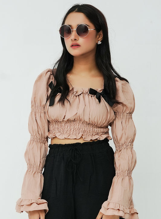 Pleated Tiered Sleeve Blouse - Brown