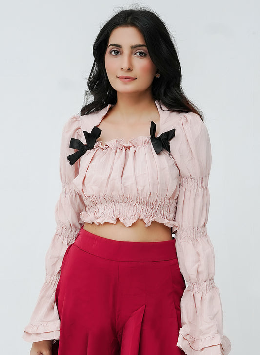 Pleated Tiered Sleeve Blouse - Pink