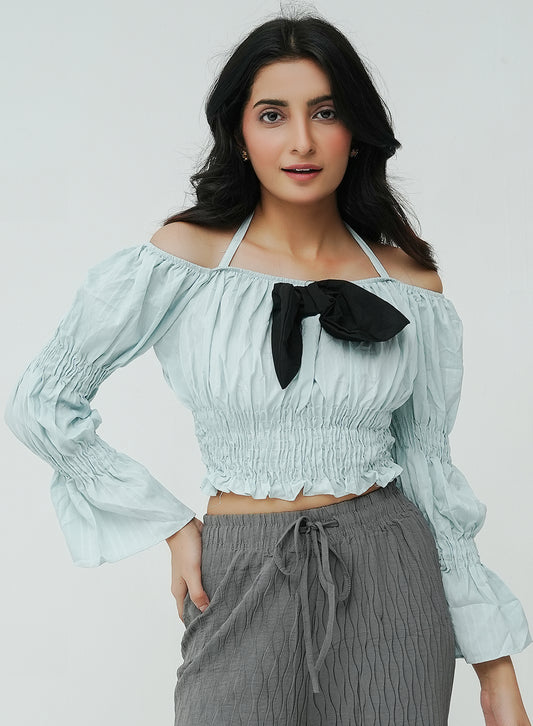 Pleated Bow Top- Blue