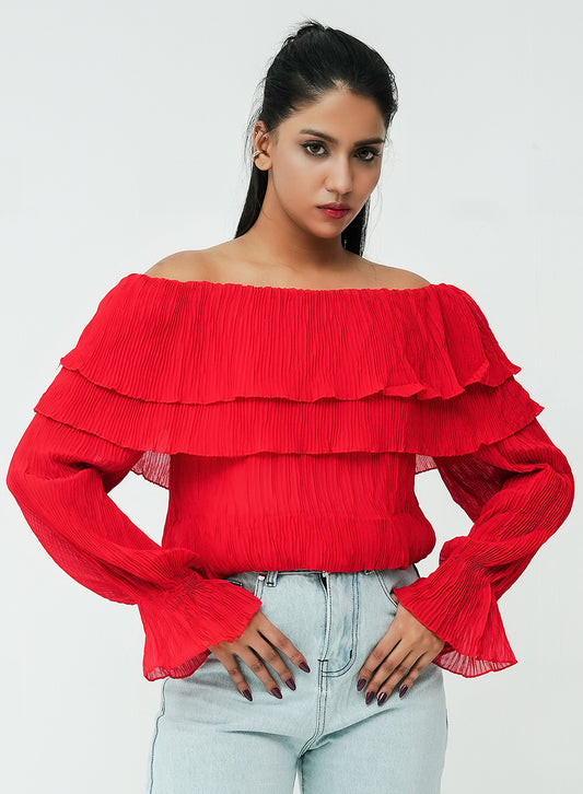 Layered Off-Shoulder Top - Crimson