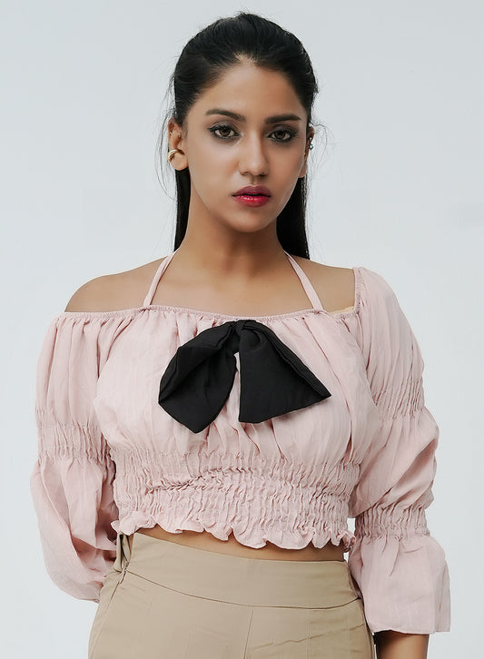 Pleated Bow Top- Pink