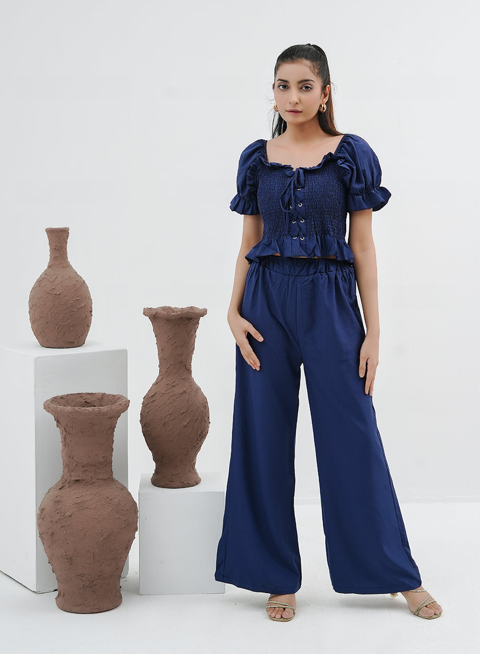 Pleated Crop Top & Pants Set - Blue