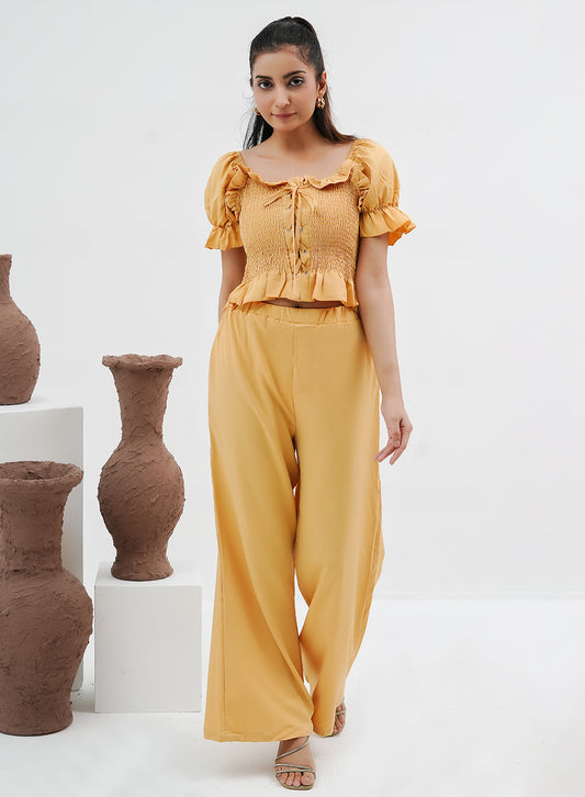 Pleated Crop Top & Pants Set - Yellow