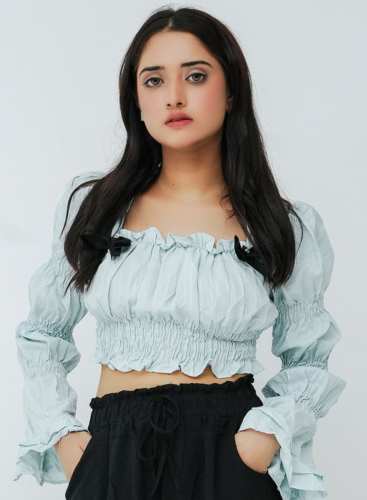 Pleated Tiered Sleeve Blouse - Blue