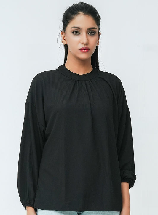 Plain Balloon Sleeve Shirt - Black