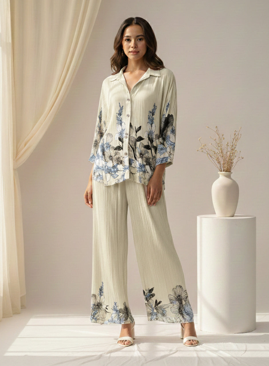 Printed Crepe Shirt & Trouser - White