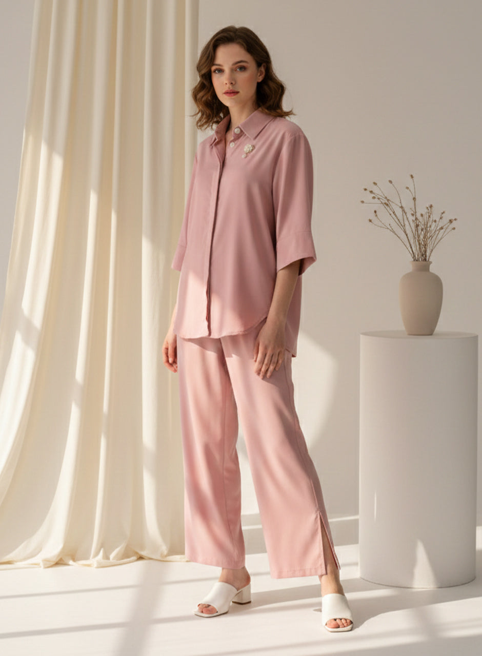 Blended (Rayon & Polyester) Shirt & Trouser - Pink