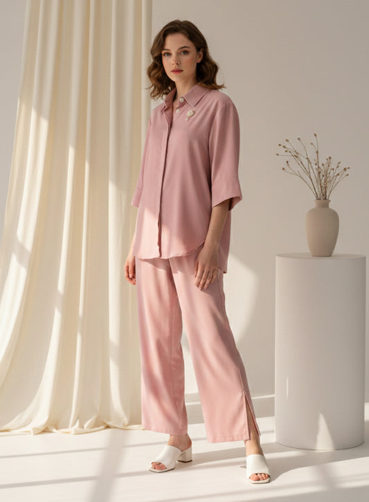 Blended (Rayon & Polyester) Shirt & Trouser - Pink