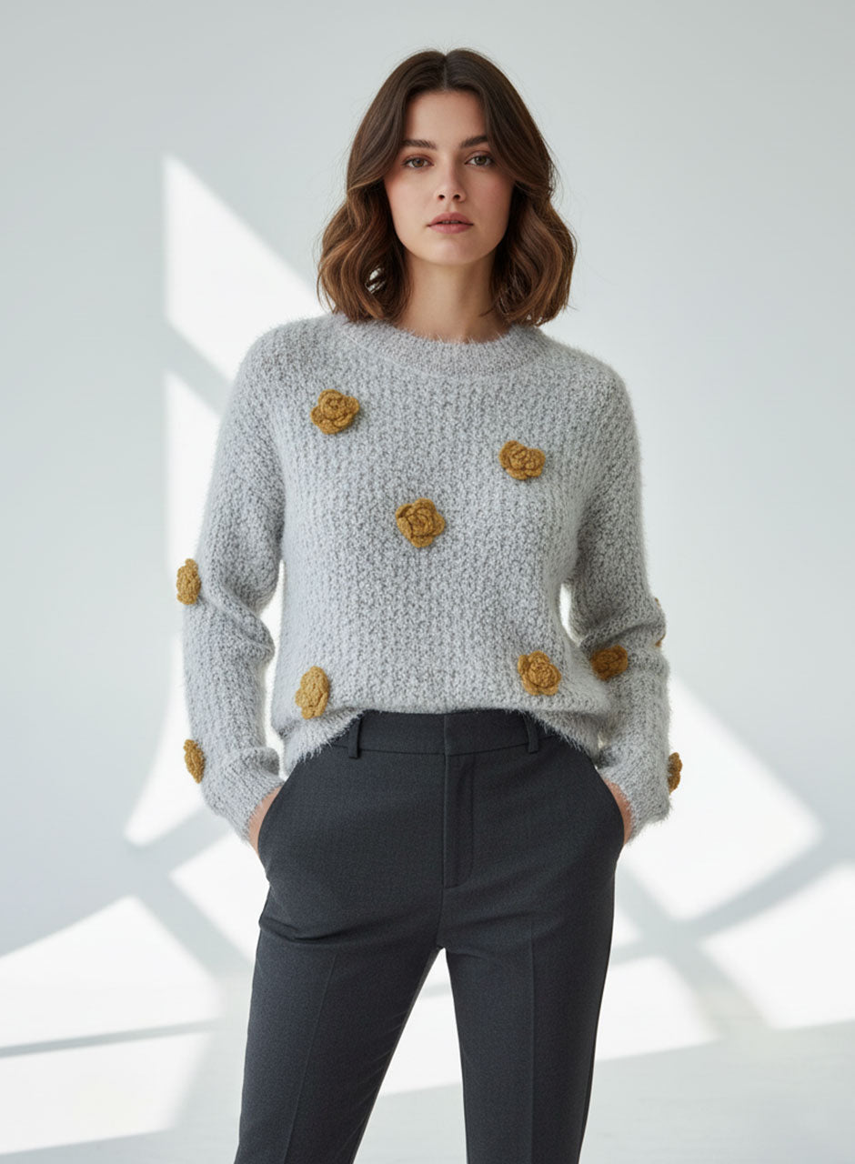 Fuzzy Bloom Knit Sweater - Yellow