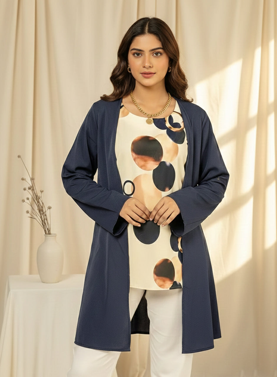 Navy Blue Cardigan With Printed Inner Top