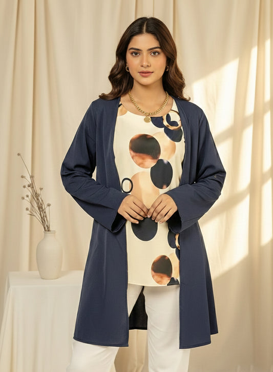Navy Blue Cardigan With Printed Inner Top