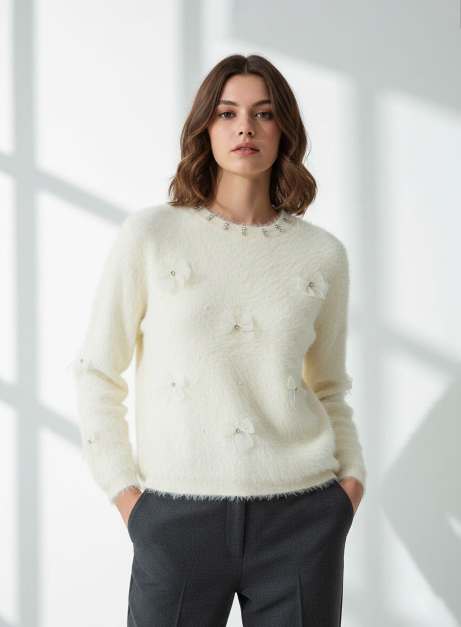 Fuzzy Bow Sweater - Ivory
