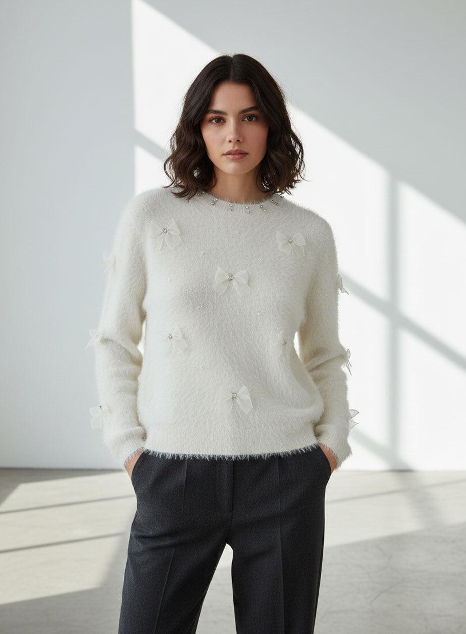 Fuzzy Bow Sweater - White