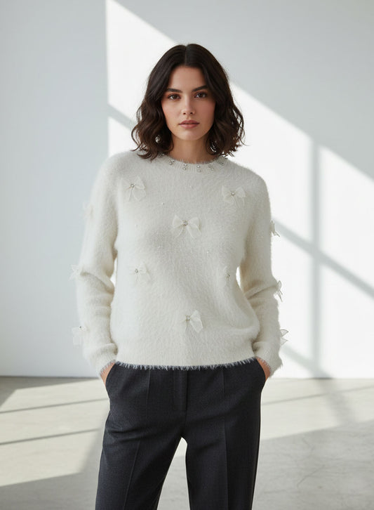 Fuzzy Bow Sweater - White