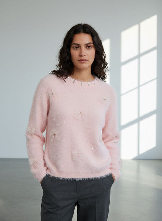 Fuzzy Bow Sweater - Pink