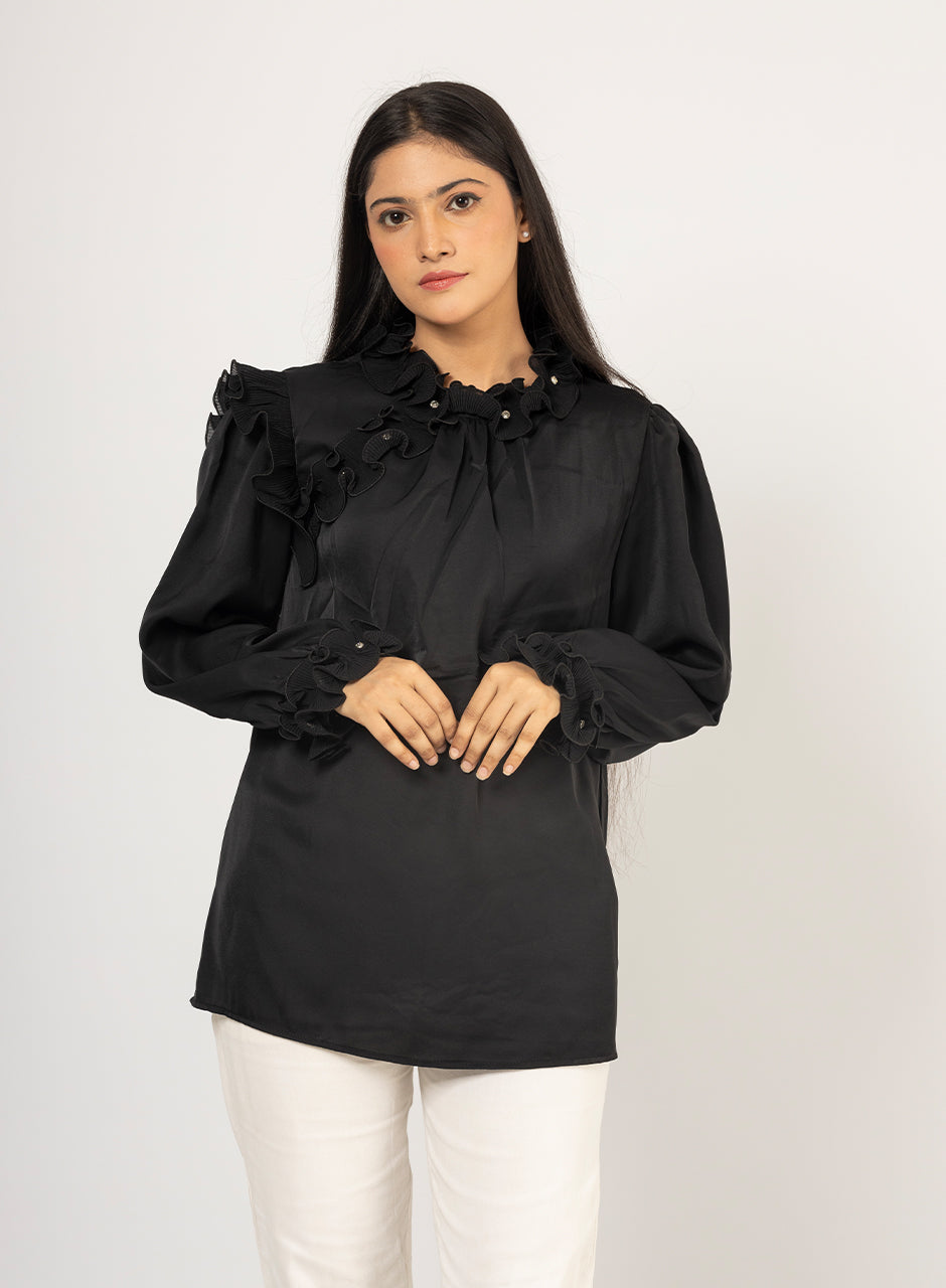 Black Ruffle Top With Gemstone