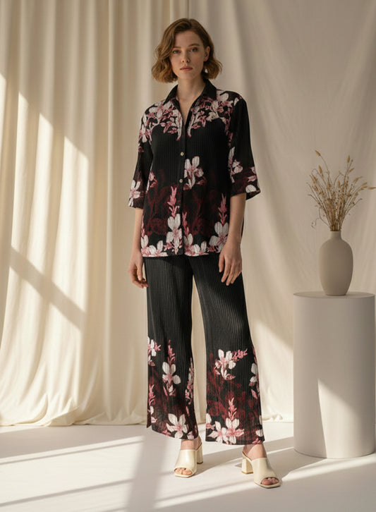 Printed Crepe Shirt & Trouser - Black