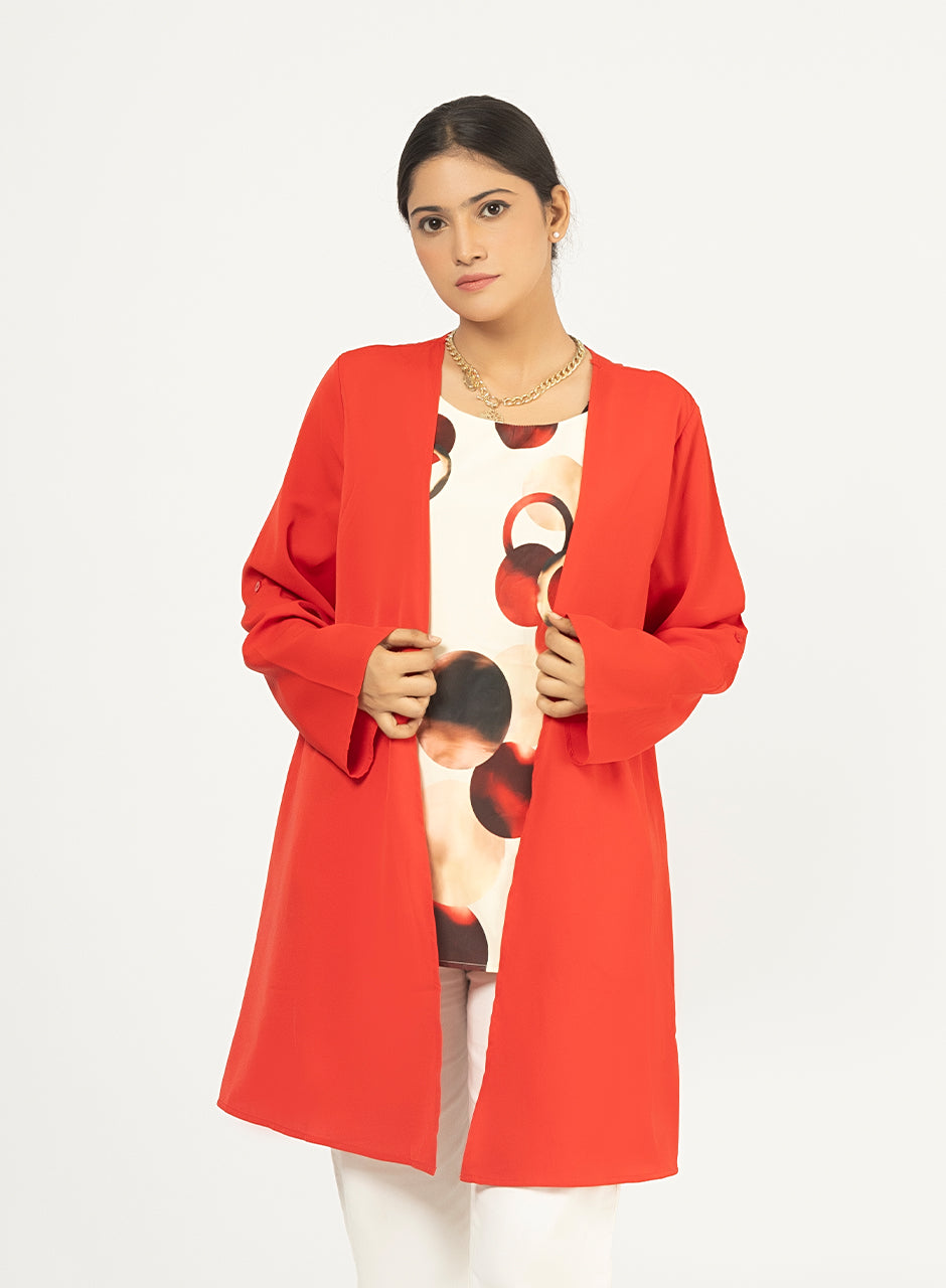 Red Cardigan With Printed Inner Top