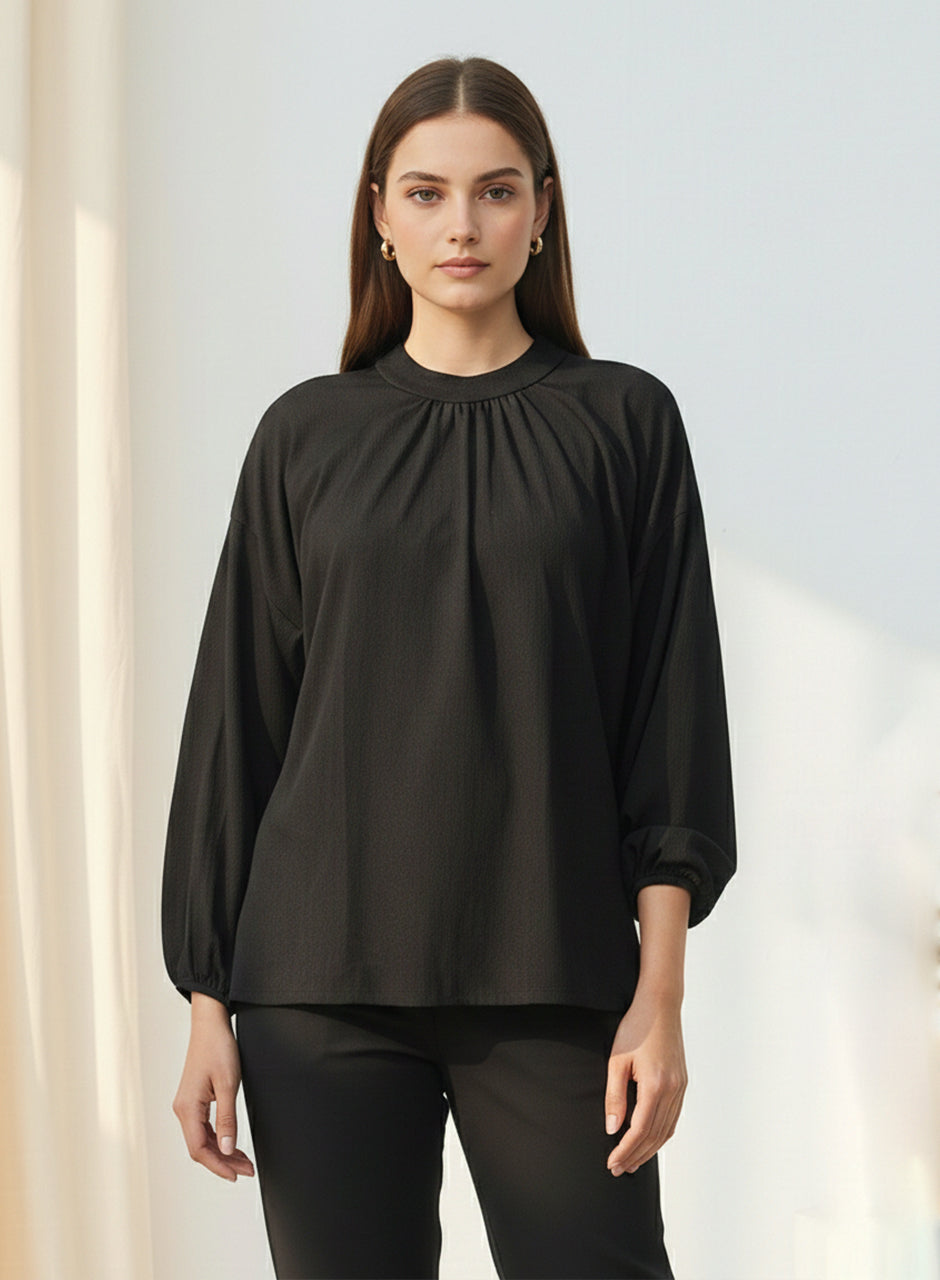 Plain Balloon Sleeve Shirt - Black