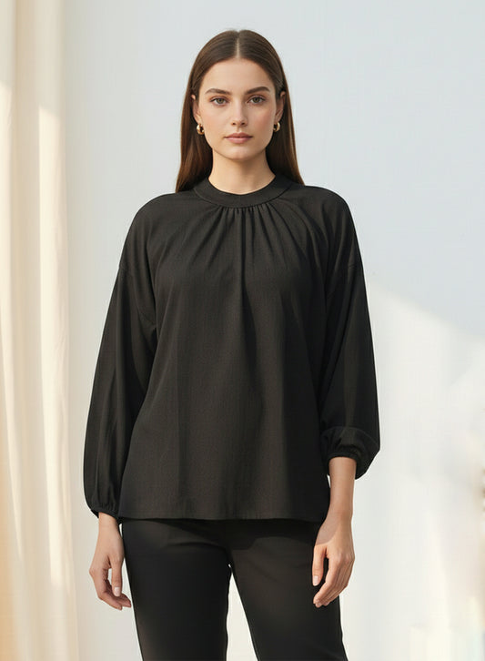 Plain Balloon Sleeve Shirt - Black