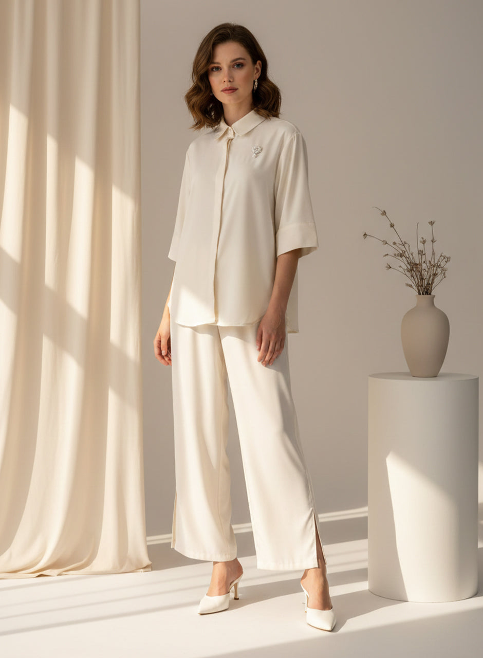 Blended (Rayon & Polyester) Shirt & Trouser - White