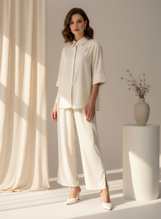 Blended (Rayon & Polyester) Shirt & Trouser - White