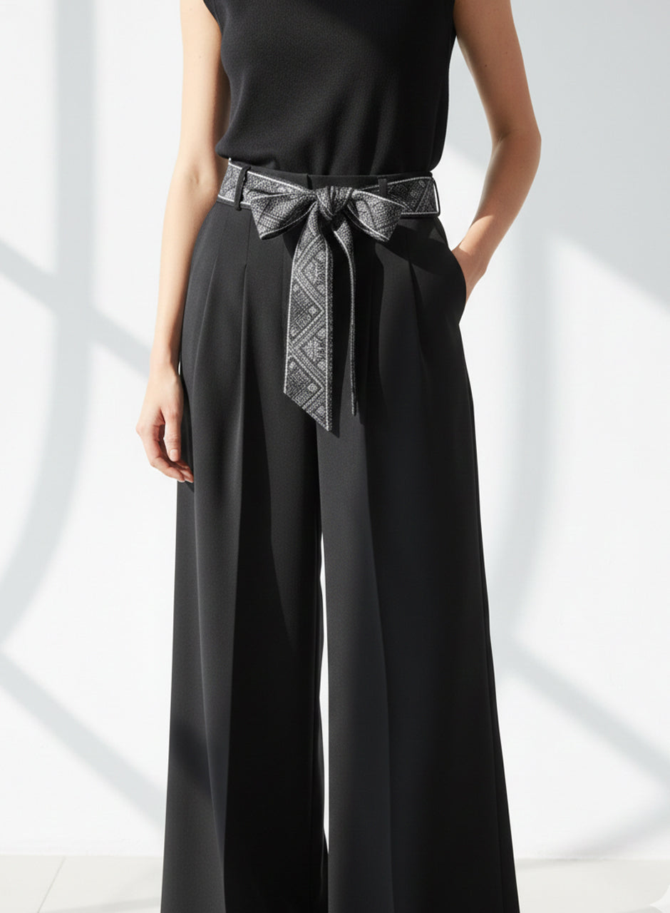 Ribbon Belt Wide-Leg Trouser (Black)