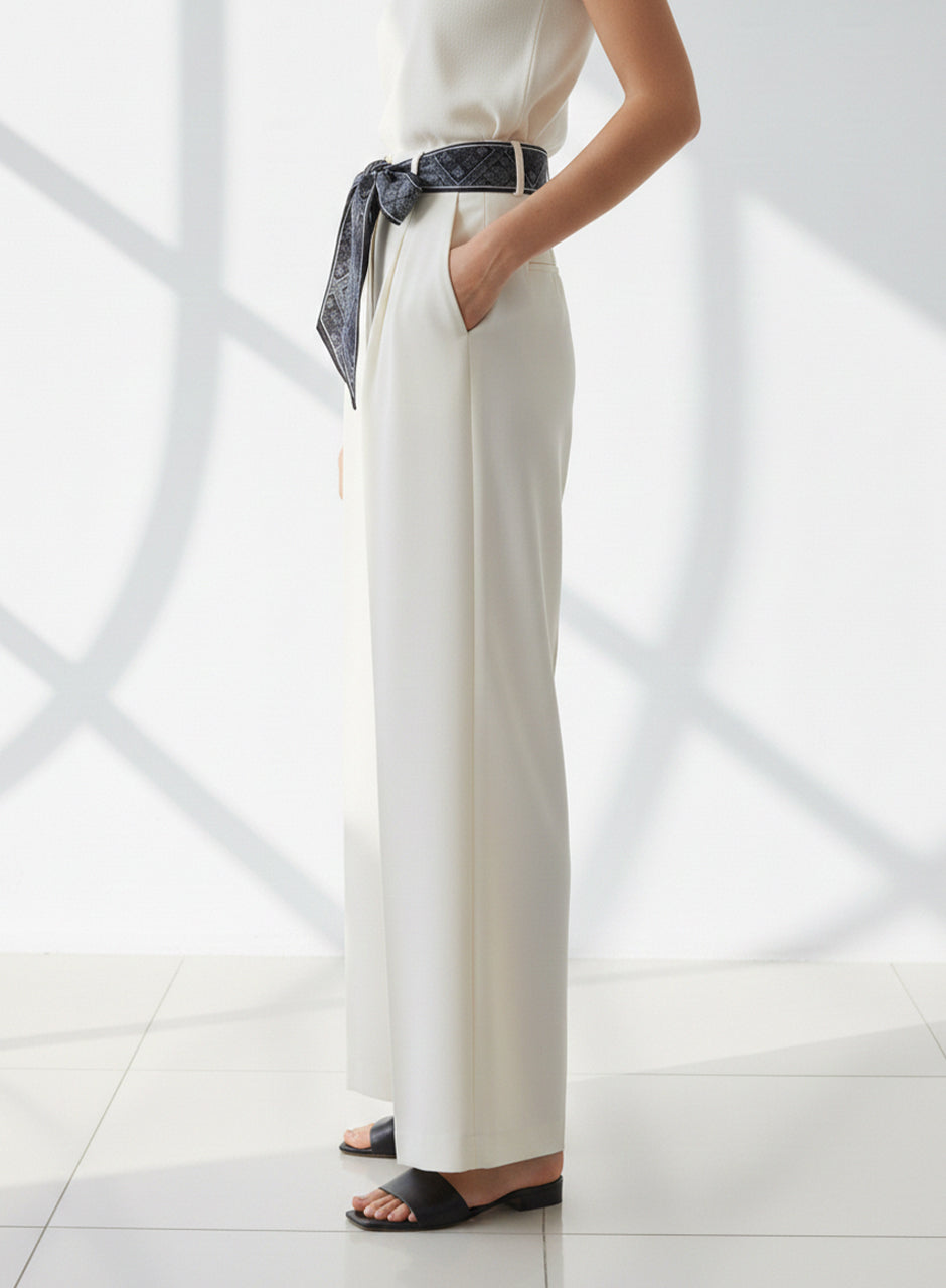 Ribbon Belt Wide-Leg Trouser (White)