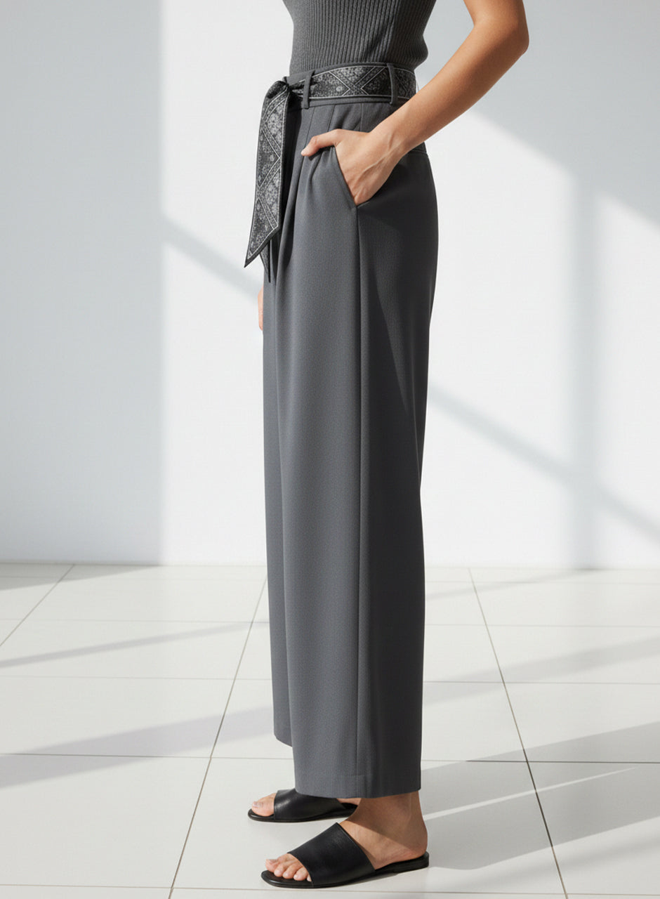 Ribbon Belt Wide-Leg Trouser (Grey)