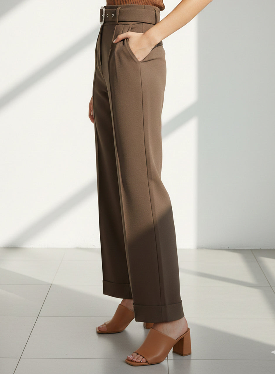 Wide-Leg Trouser With Belt (Dark Brown)