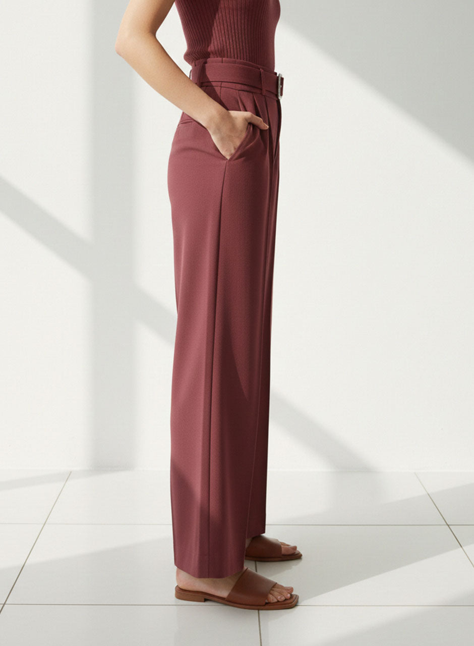 Wide-Leg Trouser With Belt (Maroon)