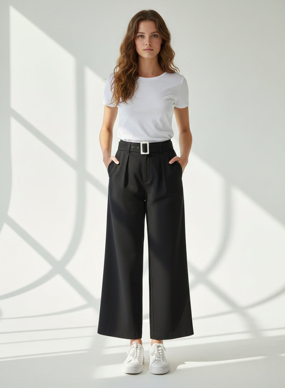 Wide-Leg Trouser With Belt (Black)