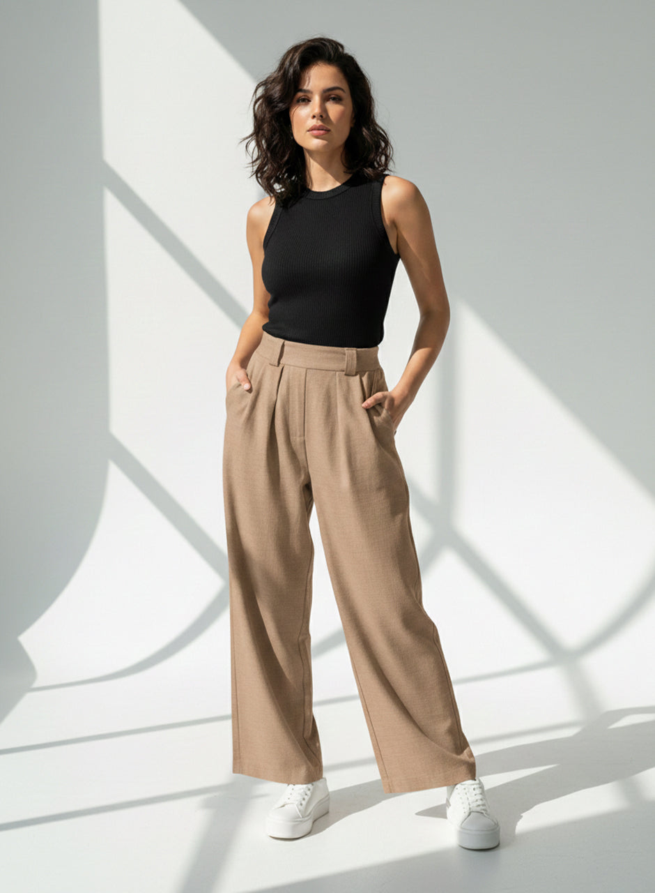 Plain Wide-Leg Trouser (Khaki)