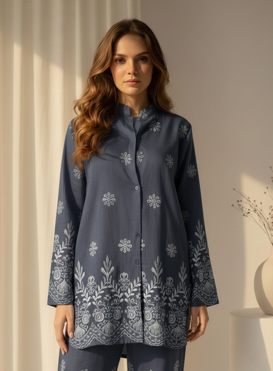 Embroidered Two-piece Shirt & Trouser (Black)